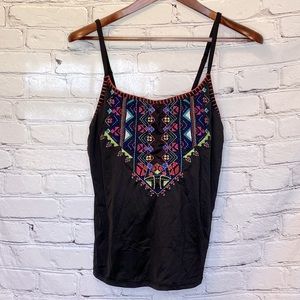 24th & Ocean Black Embroidered Tankini Swim Top Size 12 Excellent Condition